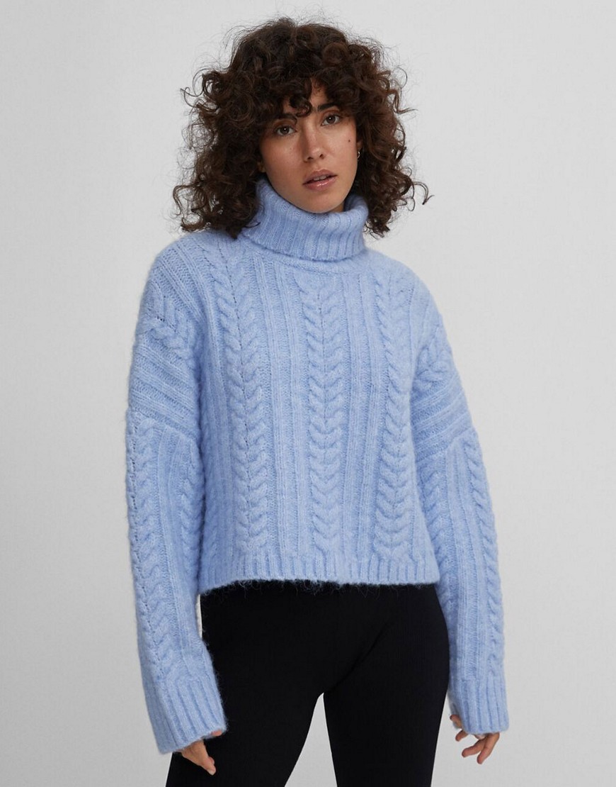 Bershka recycled polyester cable knit roll neck sweater in blue-Blues