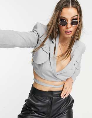 Bershka Recycled Polyester Cropped Blazer Set With Cut Out Detail In Gray-grey