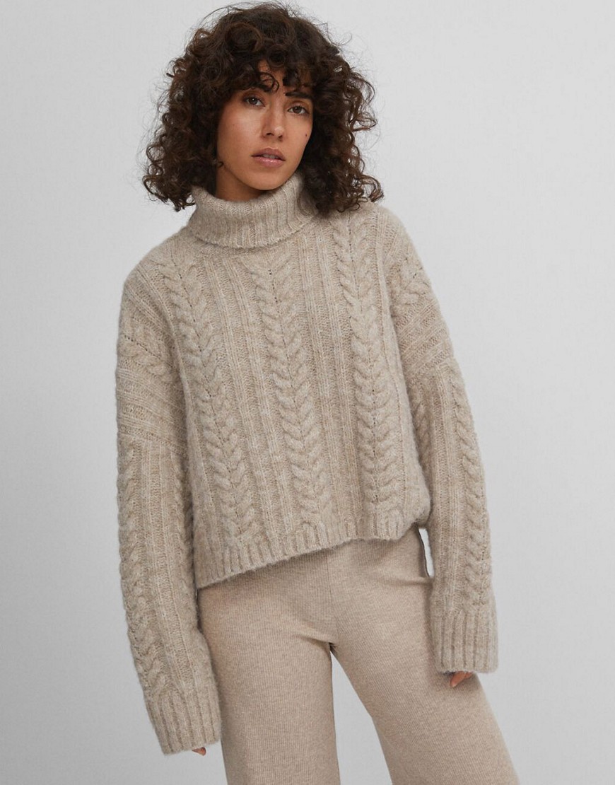 Bershka recycled polyester high neck cable knit sweater in oatmeal-Grey