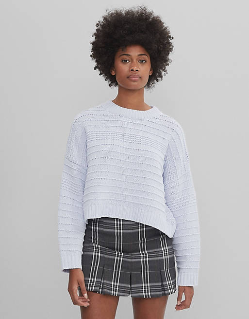 Jumpers & Cardigans Bershka recycled polyester self stripe crew neck jumper in baby blue 