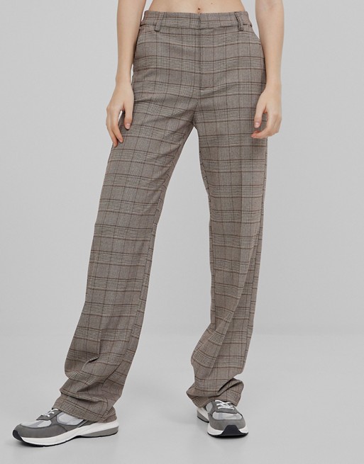 Bershka recycled polyester slouchy tailored check trouser in brown