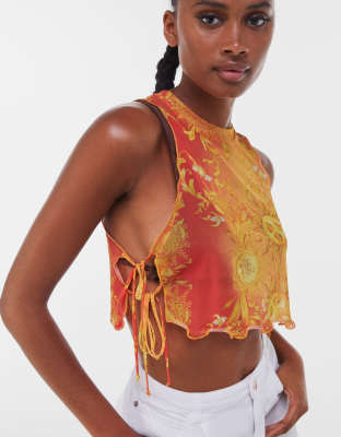 Bershka recycled polyester sun print mesh top with lettuce hem & tie detail in orange