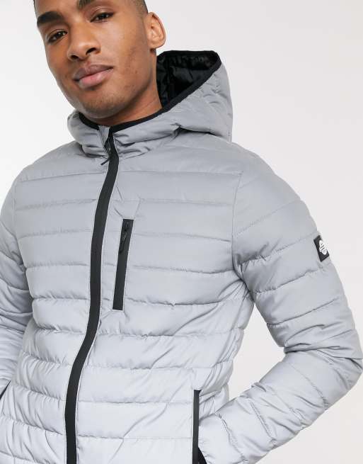 Bershka padded puffer jacket with hood in reflective gray