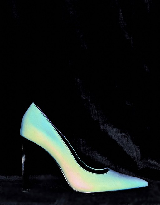 Bershka reflective skinny heel court shoes in grey