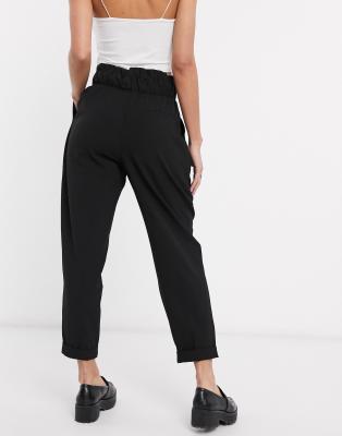 Bershka relaxed paperbag pants with belt in black ASOS