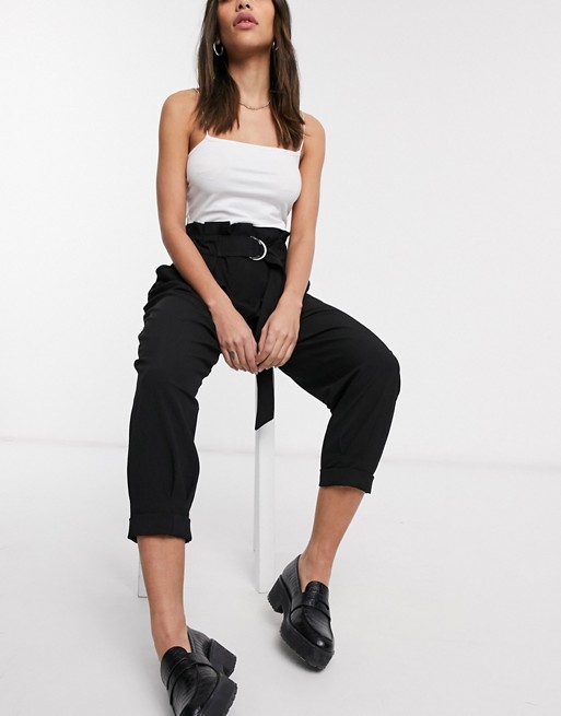 Bershka relaxed paperbag trousers with belt in black