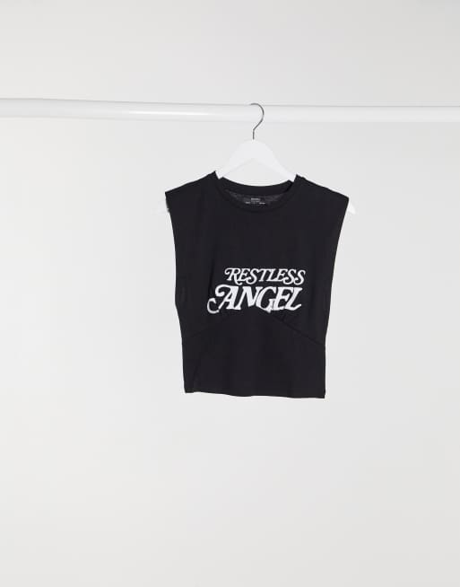 Bershka restless angel slogan volume shoulder t shirt in black