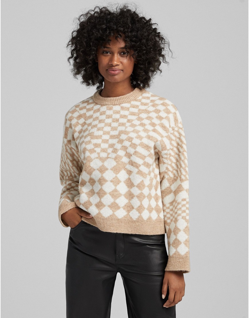 Bershka retro checkerboard sweater in beige-Neutral