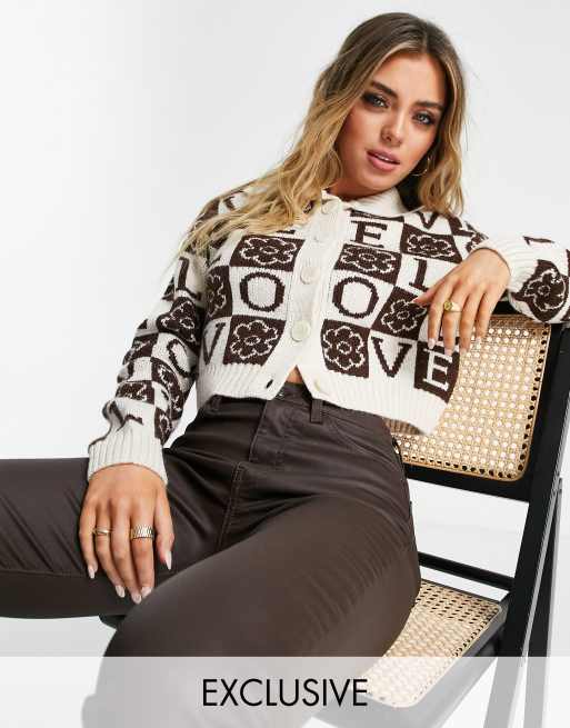Bershka retro floral print cardigan in chocolate