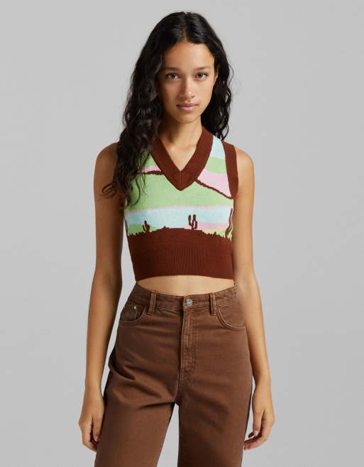 Bershka retro graphic print vest in multi