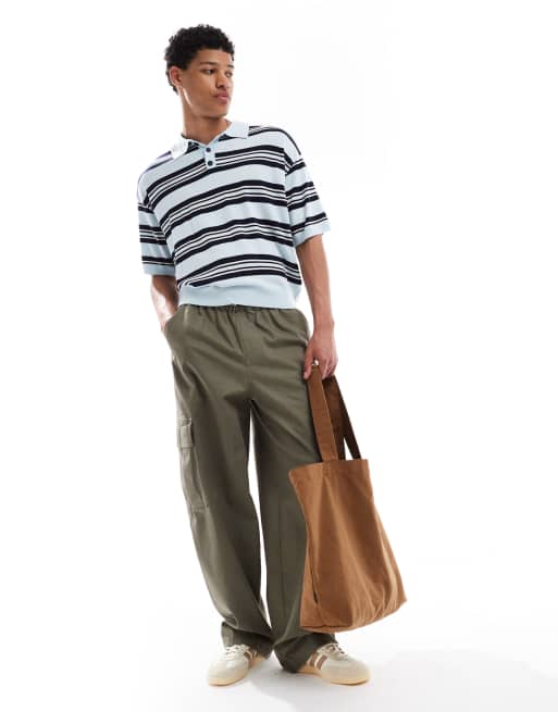 Bershka retro knit striped polo shirt in blue