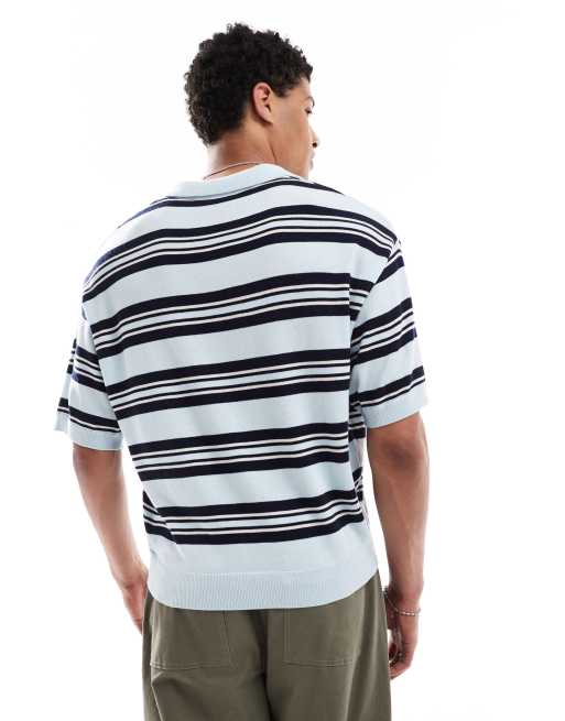 Bershka retro knit striped polo shirt in blue