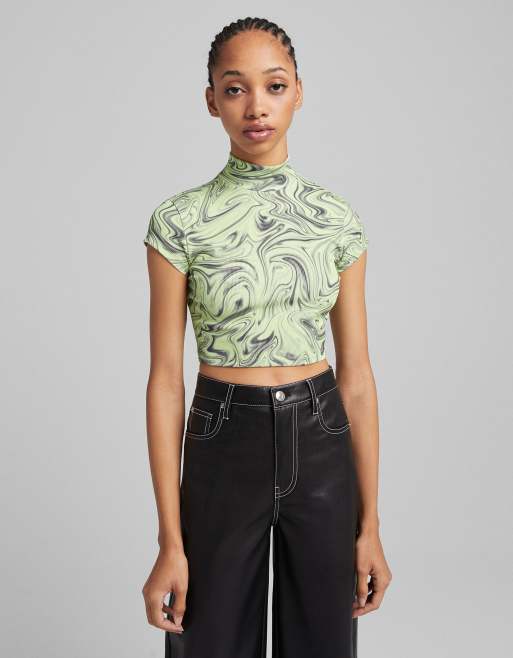 Bershka retro marble print crop top in green