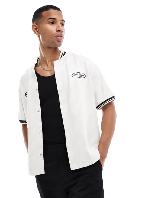 Bershka - Retro overhemd met een gekleurd randje in wit