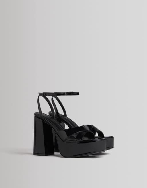 Bershka retro platform heeled sandals in black | ASOS