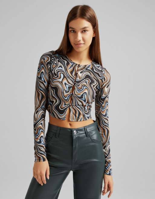 Bershka retro print button down crop top in brown