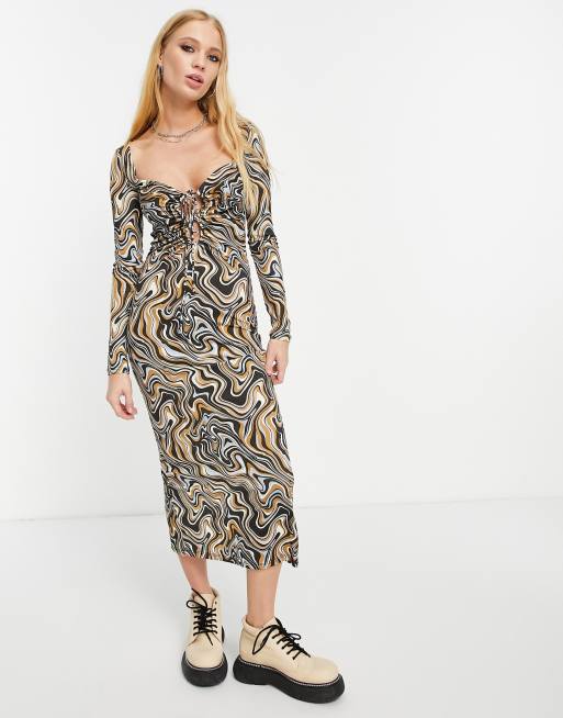 Bershka retro print loop front cut out detail midi dress in brown multi