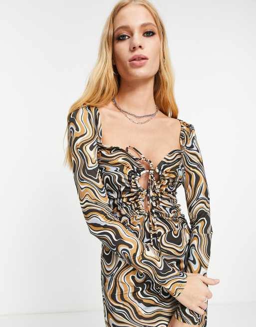 Bershka retro print loop front cut out detail midi dress in brown multi