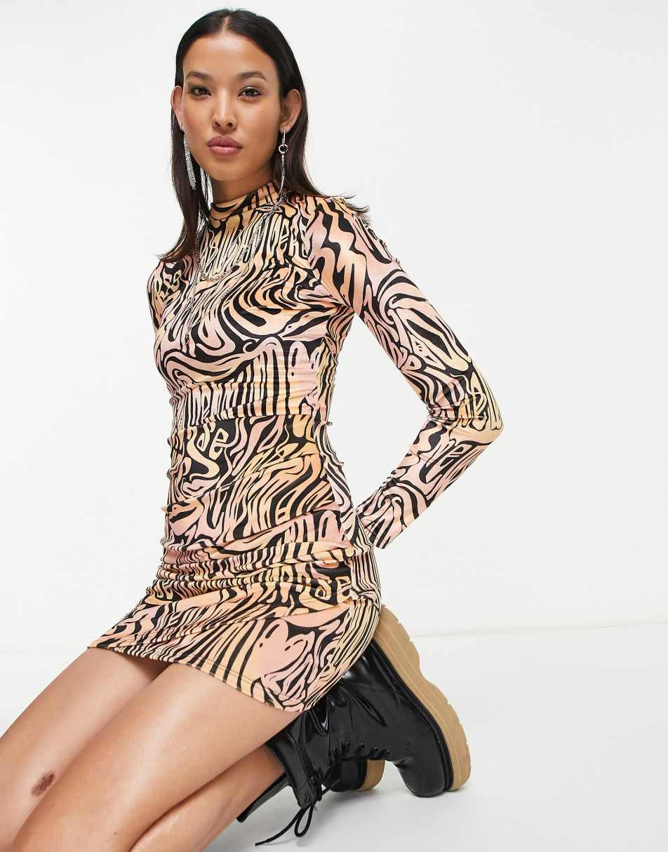 Bershka retro printed velvet dress in brown