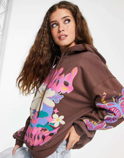 Bershka retro slogan oversized hoodie in chocolate