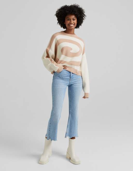 Bershka retro swirl detail jumper in beige, 2 of 4