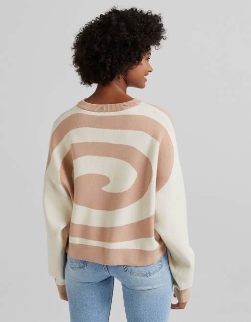 Bershka retro swirl detail jumper in beige, 3 of 4