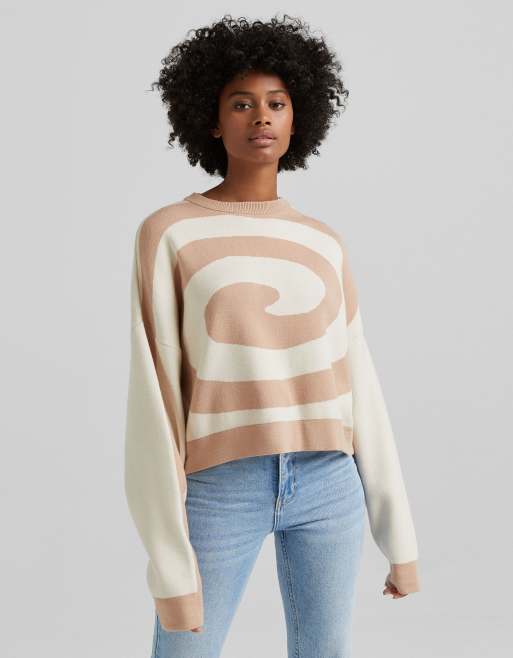 Bershka retro swirl detail jumper in beige