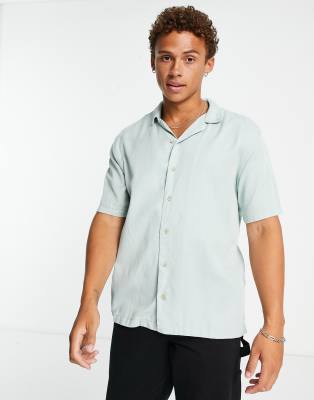 Bershka revere collar shirt with linen look in sage | ASOS