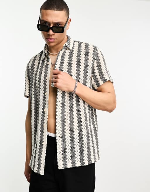 Bershka revere neck striped woven shirt in ecru