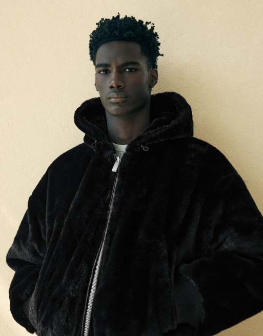 Bershka Reversible faux fur hooded jacket in black, 4 of 5