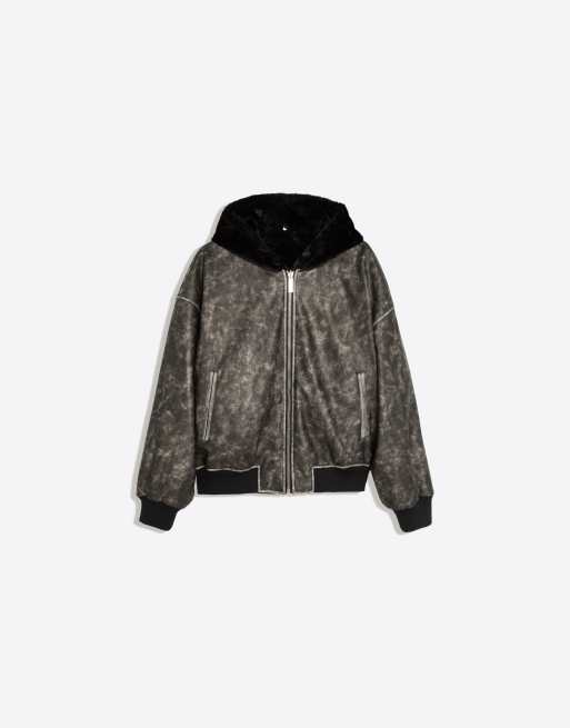 Bershka Reversible faux fur hooded jacket in black, 5 of 5