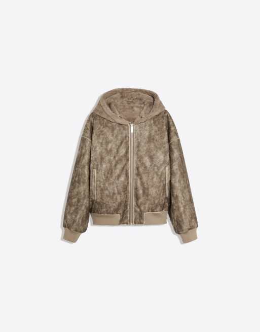 Bershka Reversible faux fur hooded jacket in brown, 5 of 5