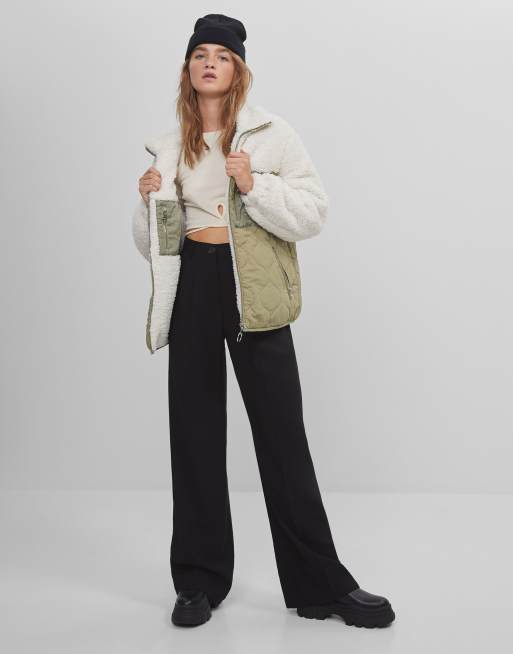 Bershka reversible oversized shearling zip up jacket in ecru