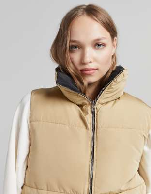 bershka padded gilet with hood in ecru