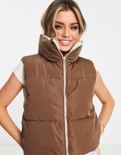 Bershka reversible padded gilet vest in brown/cream | ASOS