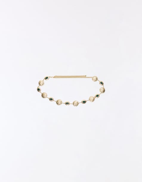 Bershka Rhinestone chain belt in gold - view 1