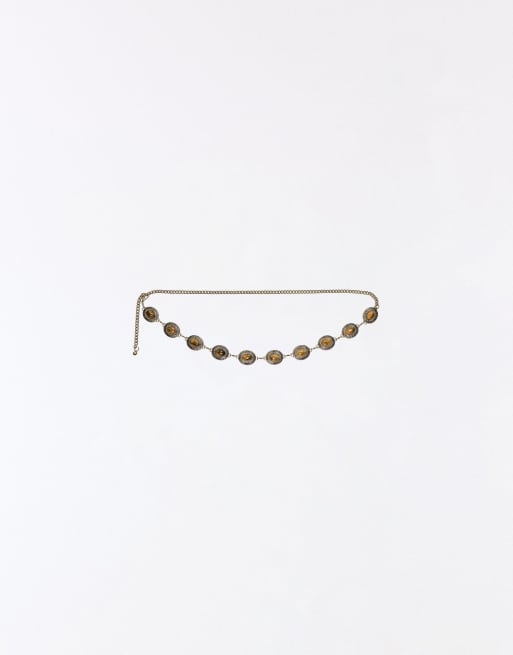 Bershka Rhinestone chain belt in khaki, 3 of 4