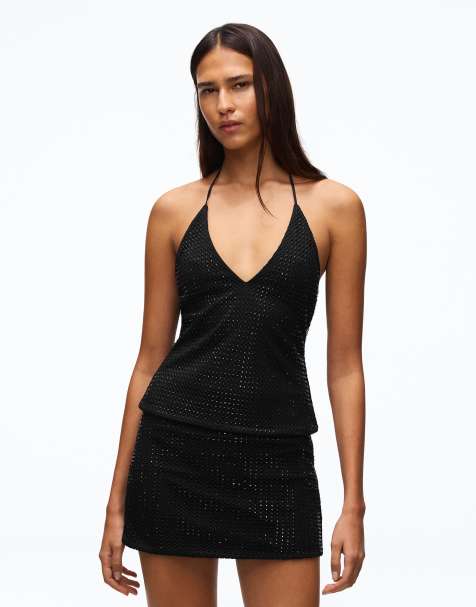 Bershka Rhinestone-effect halter top in black - view 1