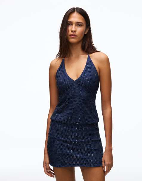 Bershka Rhinestone effect mini skirt in navy