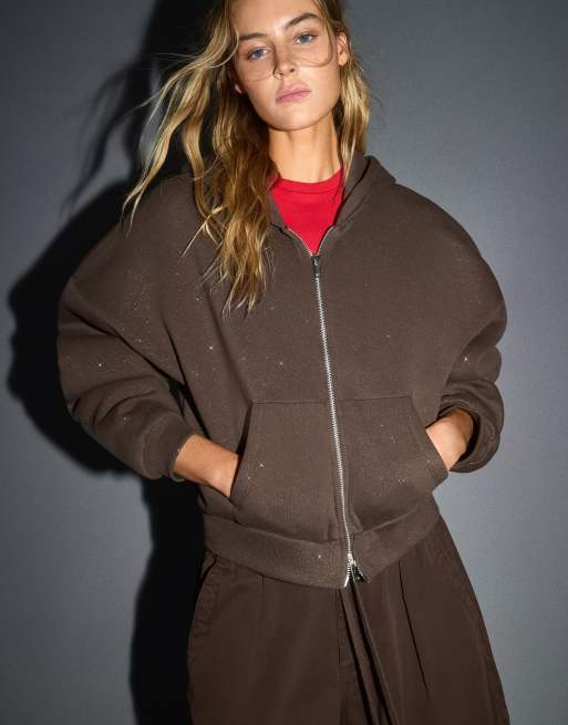 Bershka Rhinestone hoodie in brown, 4 of 5