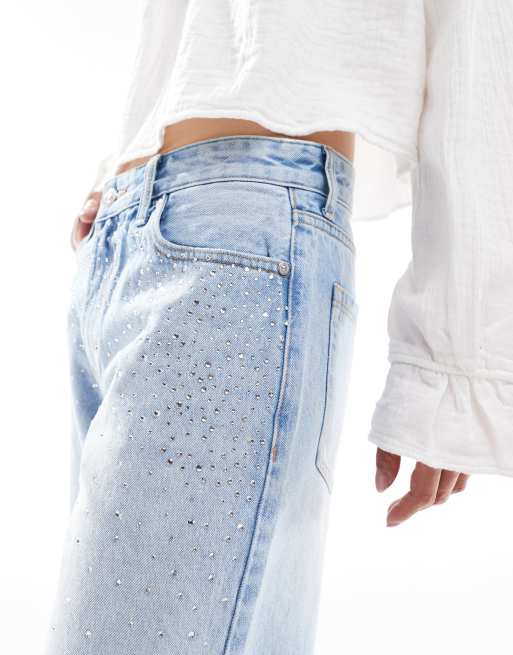 Bershka rhinestone longline denim shorts in mid blue