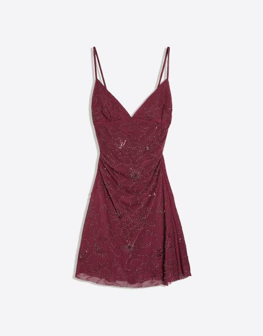 Bershka Rhinestone mesh mini dress in burgundy, 5 of 5