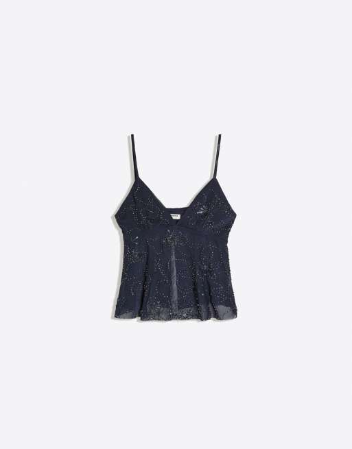 Bershka Rhinestone mesh strappy top in blue, 5 of 6