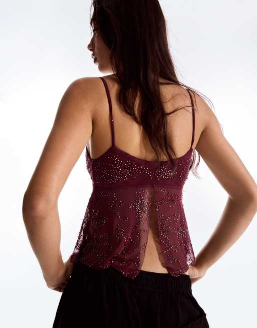 Bershka Rhinestone mesh strappy top in burgundy, 3 of 6