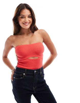 rib knit cut-out front bodysuit in red