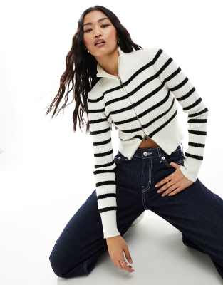 Bershka rib knitted zip up jumper in ecru black stripe Multi