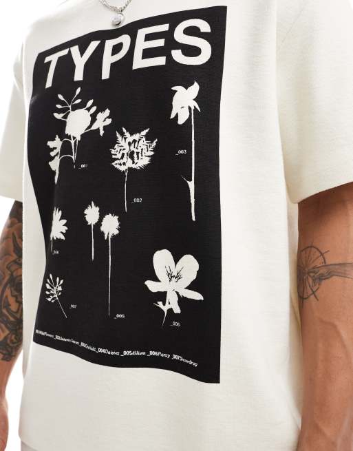 Bershka rib textured floral print t-shirt in ecru, 2 of 4