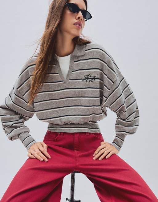 Bershka ribbad tröja med pikékrage i grått, 3 av 4