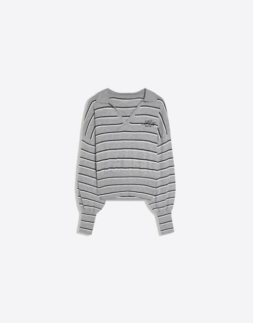 Bershka ribbad tröja med pikékrage i grått, 4 av 4