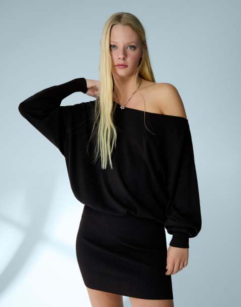 Bershka Ribbed asymmetric mini dress in black